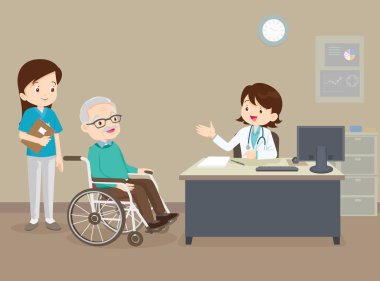 Doktor ve tekerlekli sandalyedeki yaşlı adam, Doktor tekerlekli sandalyedeki hastayı kontrol ediyor, büyükbaba tekerlekli sandalyedeki doktoru görüyor.