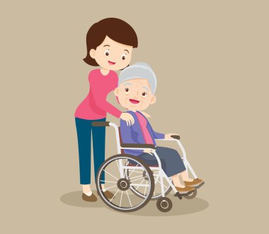 Yaşlı kadın tekerlekli sandalyede oturuyor ve kızı nazikçe ellerini omuzlarına koyuyor. Kız anneye bakıyor. Hastayla ilgilenirken dikkatli ol.