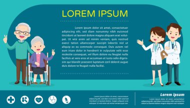 Yaşlı tekerlekli sandalyeli hastalar için doktorluk, Banner konsepti, doktor ve yaşlılar için sağlık geçmişi. Yaşlı tekerlekli sandalyeli hastalar için doktor Banner, düzen, kapak, reklam, poster.