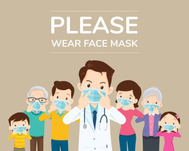 Doktorlar ve aile üyeleri Baba, Anne, Kız, Erkek Kampanyası Medya, poster, kapak, afiş için yüz maskesi takın lütfen..