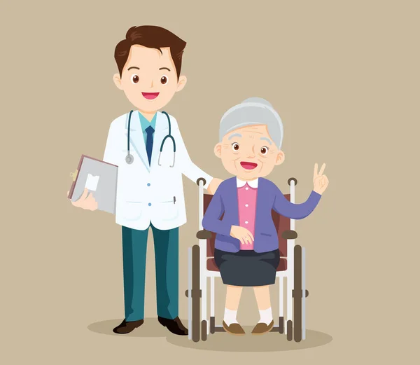 Ηλικιωμένοι Κάθονται Μια Αναπηρική Καρέκλα Γιατρό Φροντίσετε Αμεα Στο Αναπηρικό — Διανυσματικό Αρχείο
