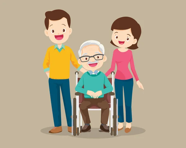 Familia Cuida Abuelo Sentado Silla Ruedas Sonríe Anciano Silla Ruedas — Vector de stock