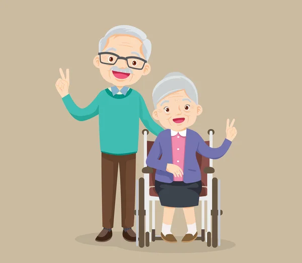 Elderly Woman Sit Wheelchair Old Man Tenderly Puts Hands Her — Stock Vector