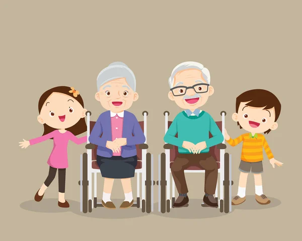 Abuelos Sentados Silla Ruedas Con Nietos Niño Adolescente Feliz Anciano — Vector de stock