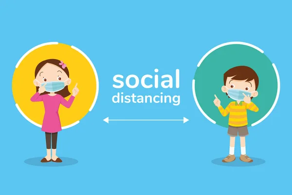 Soziale Distanz Raum Für Sicherheit Kinder Jungen Und Mädchen Mit — Stockvektor