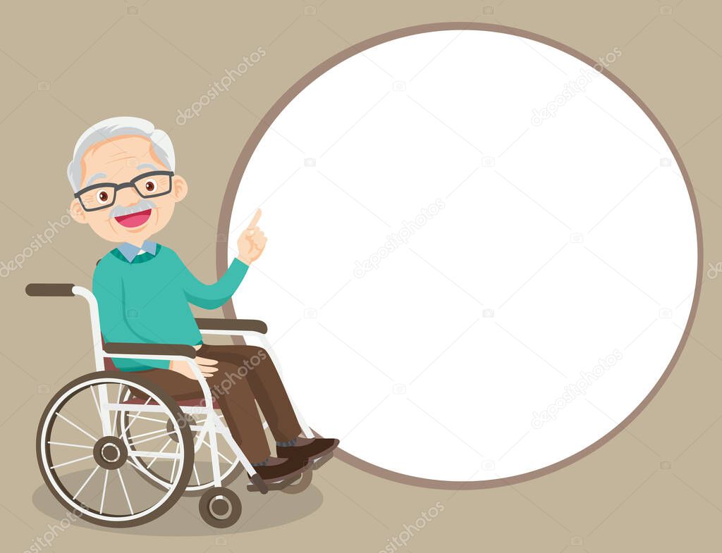 elderly man on wheelchair pointing finger up, isolated on white background,Old man Finger pointing with empty space, Grandpa on wheelchair with blank space