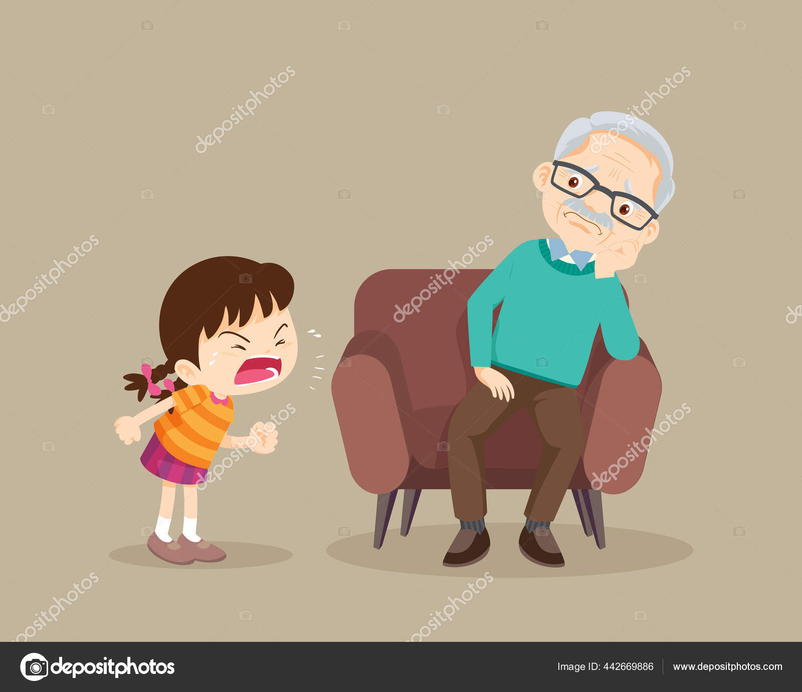 怒っている少女は悲しい高齢者に叱った 攻撃的な子供は怖がっている老人を叫ぶ 家庭内暴力と侵略の概念祖父に叱責孫 ストックベクター  ©watcartoon 442669886, image size:1600x1380
