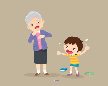 Kızgın çocuk üzgün yaşlılara kızar. Saldırgan çocuk korkmuş yaşlı bir kadına bağırıyor. Aile içi şiddeti bırak. Aile içi şiddet ve saldırganlık kavramı. Torun büyükannene fırça atar..