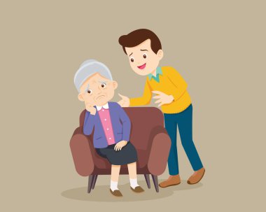 Üzgün yaşlı kadın sıkkın, üzgün yaşlı kadın üzgün yaşlı kadın oturuyor ve rahatlatan adam onu üzüyor, babası büyükannesini teselli ediyor.  