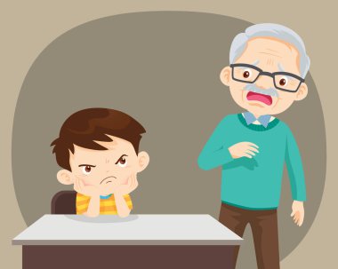 İnatçı çocuklar yaşlılara karşı. Kızgın çocuk yaşlılarla otururken endişeli görünüyor..