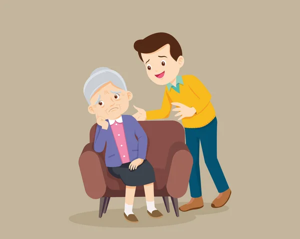 Sad Elderly Woman Bored Sad Senior Woman Sitting Man Comforting — Stock Vector