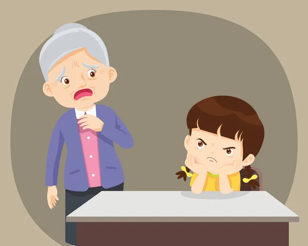 Stubborn Children Elderly Angry Child Sitting Elderly Have Look Worry — Stock Vector