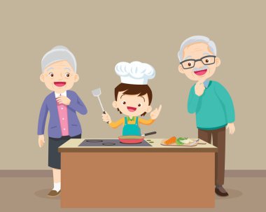 Mutfakta büyükannesi ve torunu olan mutlu bir aile.