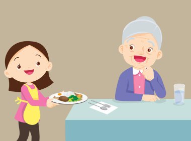 Yaşlı büyükannene yemek servisi yapan tatlı kız. Mutlu aile yemekleri..