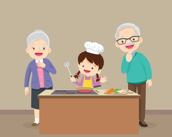 Счастливая Семья Бабушкой Дедушкой Внуком Приготовления Пищи Кухне — стоковый вектор