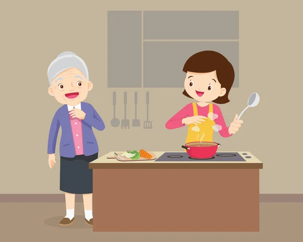 Gelukkig Familie Met Grootouder Moeder Koken Keuken Oudere Zoek Vrouw — Stockvector