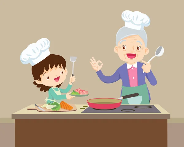 스러운 할머니와 소녀가 부엌에서 요리를 있습니다 할머니와 손녀가 음식을 만들고 — 스톡 벡터