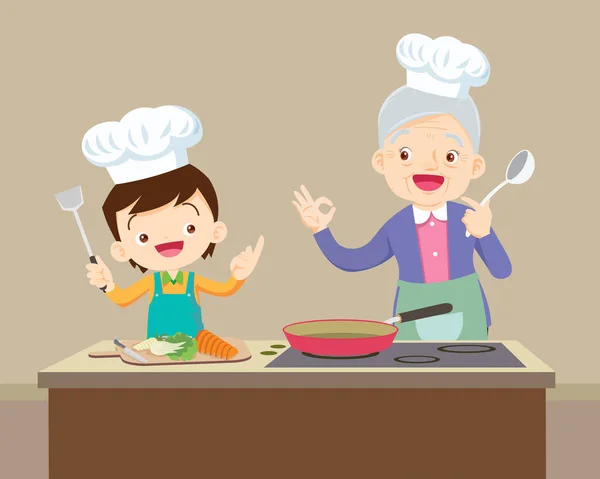 Encantadora Abuela Niño Niño Cocinando Cocina Gesto Bien Abuela Nieto — Archivo Imágenes Vectoriales