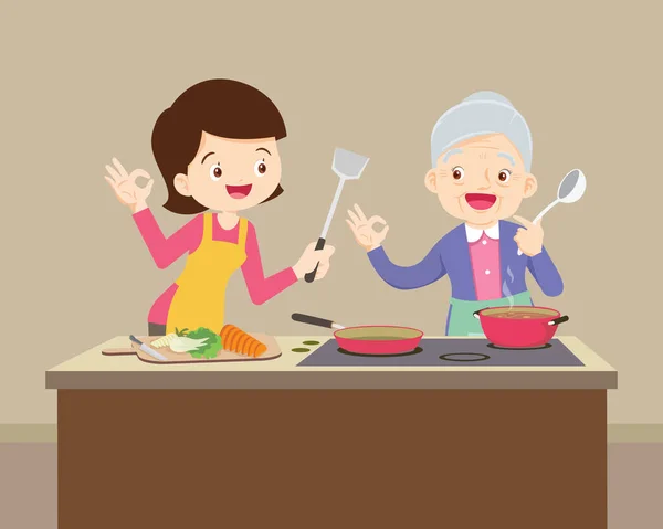 Hija Feliz Mirando Abuela Mientras Cocina Abuela Encantadora Mujer Cocinar — Vector de stock