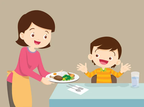 Kadın Çocuğa Yemek Servisi Yapar Anne Oğluna Yemek Servisi Yapar — Stok Vektör