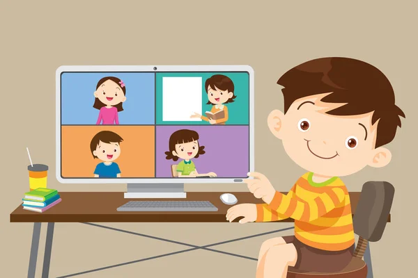 コンピュータを使ってオンラインで学ぶ子供たち コンピュータを使って働くかわいい学生少年 Webアプリを使ってオンラインで勉強する多様な子供たちのクラス — ストックベクタ