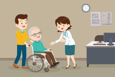 Doktor ve tekerlekli sandalyedeki yaşlı adam, Doktor tekerlekli sandalyesindeki hastayı kontrol ediyor. Adam büyükbabanı tekerlekli sandalyeye götür.