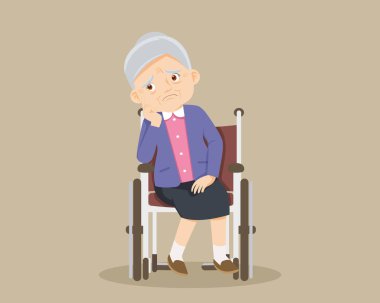 Üzgün yaşlı kadın. Sıkılmış, üzgün yaşlı kadın. Tekerlekli sandalyede oturuyor. Yalnız, yaşlı bir kadın sorun düşünüyor. Büyükanne hasta