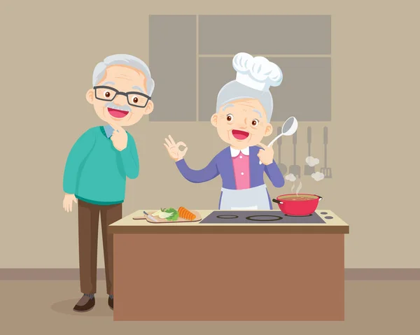 Lycklig Familj Med Morförälder Matlagning Köket Morfar Ser Mormor Matlagning — Stock vektor