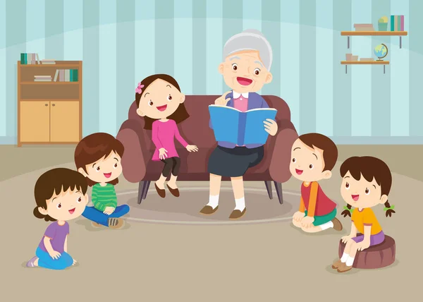 爷爷给孙子孙女读童话故事 读童话故事 讲童话故事 孩子们听祖父母在沙发上看书 — 图库矢量图片