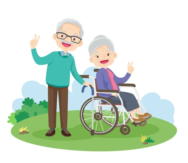Glücklich Gestikulierende Ältere Menschen Die Rollstuhl Park Sitzen Großvater Und — Stockvektor