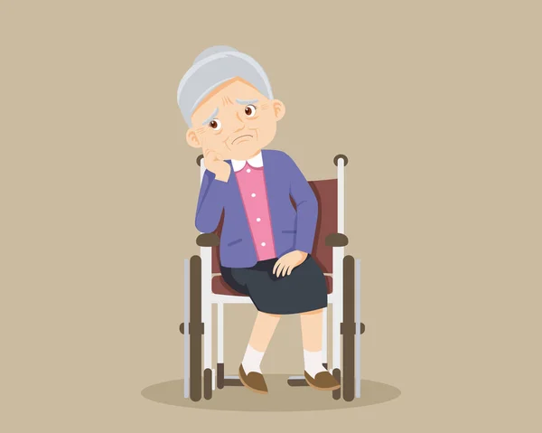 Θλιβερή Ηλικιωμένη Γυναίκα Βαριέται Λυπημένη Ηλικιωμένη Γυναίκα Κάθεται Αναπηρική Καρέκλα — Διανυσματικό Αρχείο