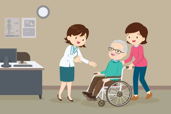 Доктор Пожилой Человек Инвалидной Коляске Доктор Проверяет Своего Пациента Женщина — стоковый вектор