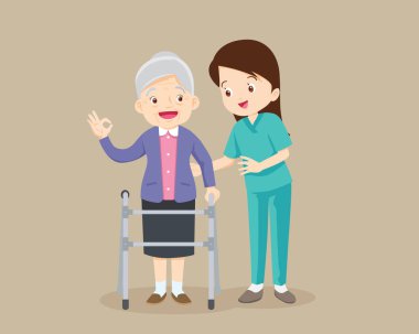 Hemşire ya da gönüllü işçi yaşlı bir kadına bakıyor. Yaşlılara bakan kadın. Hemşire, büyükannesinin yürütece gitmesine yardım ediyor. Büyükanne tamam jest