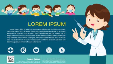 Doktor Tutucu Şırınga aşı ve çocuklar tıbbi bir maske takıyor. Virüs ve aşı enjeksiyonuyla korunuyor. Kirliliği sağlık maskesi ile önlüyor.