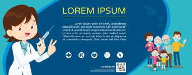 Doktor Tutma Şırıngası ve ailesi virüsü önlemek için koruyucu maske takıyor. Anne Kız Oğlu cerrahi maske takıyor. Enjeksiyon Aşılama Konsepti.