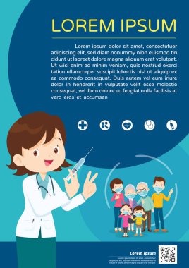 Doktor Tutma Şırıngası ve ailesi virüsü önlemek için koruyucu maske takıyor. Anne Kız Oğlu cerrahi maske takıyor. Enjeksiyon Aşılama Konsepti.