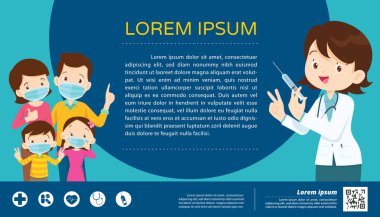 Doktor Tutma Şırıngası ve ailesi virüsü önlemek için koruyucu maske takıyor. Anne Kız Oğlu cerrahi maske takıyor. Enjeksiyon Aşılama Konsepti.