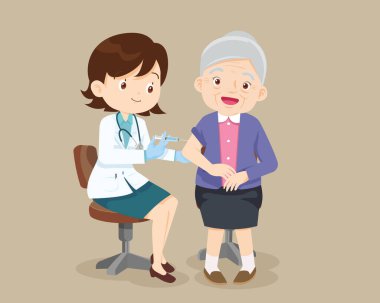 Yaşlı kadın için doktor aşısı, klinikte yaşlı kadına koronavirüs aşısı yapan doktor.
