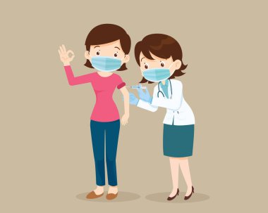 Kadın için doktor aşısı, bir klinikte bir kadına koronavirüs aşısı yapan bir doktor. İnsanlar için başarılı bir kovan 19 aşısı. Yüz maskesi takan kadın iyi bir hareket gösteriyor.
