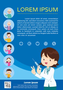 Doctor Holding Syringe with Covid vaccine and family wearing protective Medical mask for prevent virus.Grandpa Grandma Dad Mom Daughter Son wearing a surgical mask. injection Vaccination concept.