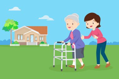 Young woman taking care of an elderly woman. Woman Caring for Grandmother. daughter helps her mother walking with walker in the front yard.