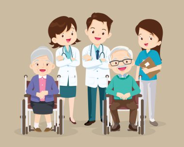 Yaşlılar, doktorla birlikte tekerlekli sandalyeye otururlar. Tekerlekli sandalyedeki engellilerle ve doktorlarla ilgilenirler. Hastayla ilgilenirken dikkatli ol. Doktor ve büyükbaba. 
