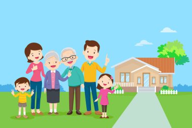 Evinin arka planında mutlu bir aile. Parkta büyük bir aile bir arada. Mutlu yaşlılar tekerlekli sandalyede ebeveynleriyle mutlu..