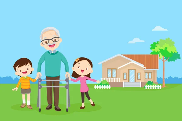 Anziani Che Camminano Con Sfondo Della Casa Nipote Aiuta Nonno — Vettoriale Stock