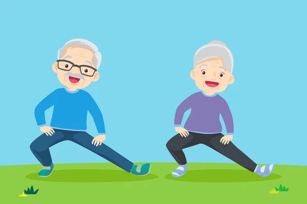 Senior People Gymnastics Elderly Couple Grandparents Doing Exercises Yoga Sport — Stock Vector