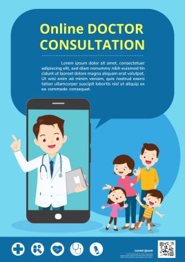 Smart doctor on the phone screen with family,Mobile App Family Doctor. Family Using Mobile Application, Control Health Indicators, Consult Online Doctor, Sign up Appointment Therapist. Healthcare services clipart