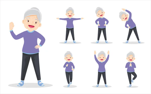 Bundle Set Elderly Woman Exercise Various Actions Grandmother Various Actions — Stock Vector