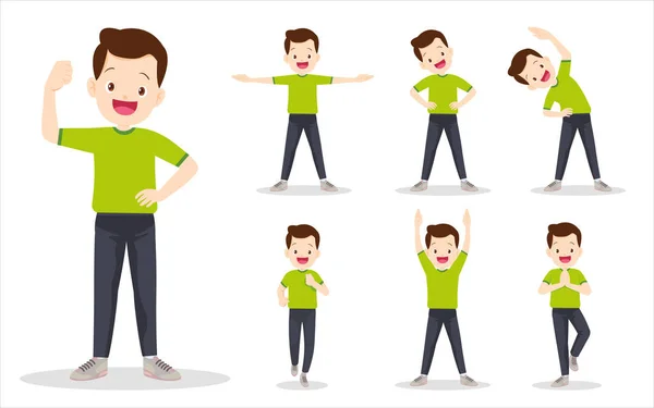 Set Man Exercise Various Actions Father Various Actions Move Body — Stock Vector