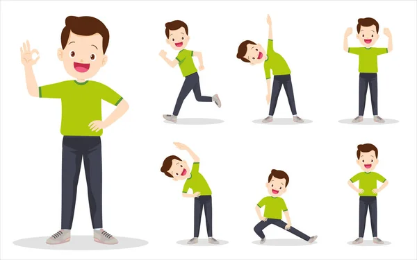 Set Man Exercise Various Actions Father Various Actions Move Body — Stock Vector