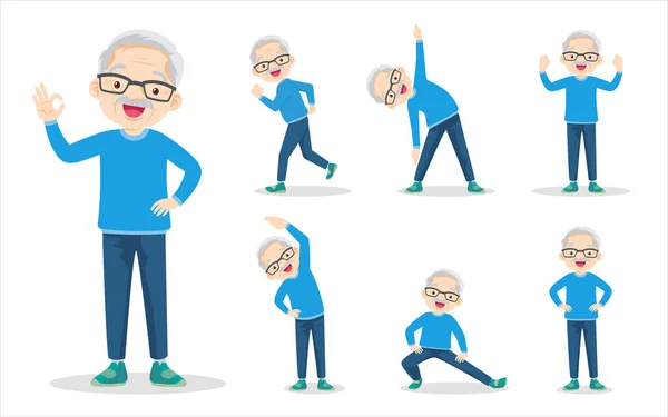 Bundle Set Elderly Man Exercise Various Actions Grandfather Various Actions — Stock Vector